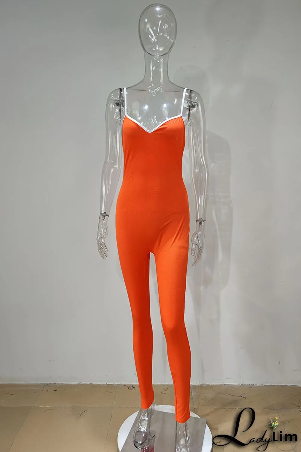 Pink Casual Sportswear Solid Patchwork Spaghetti Strap Skinny Jumpsuits