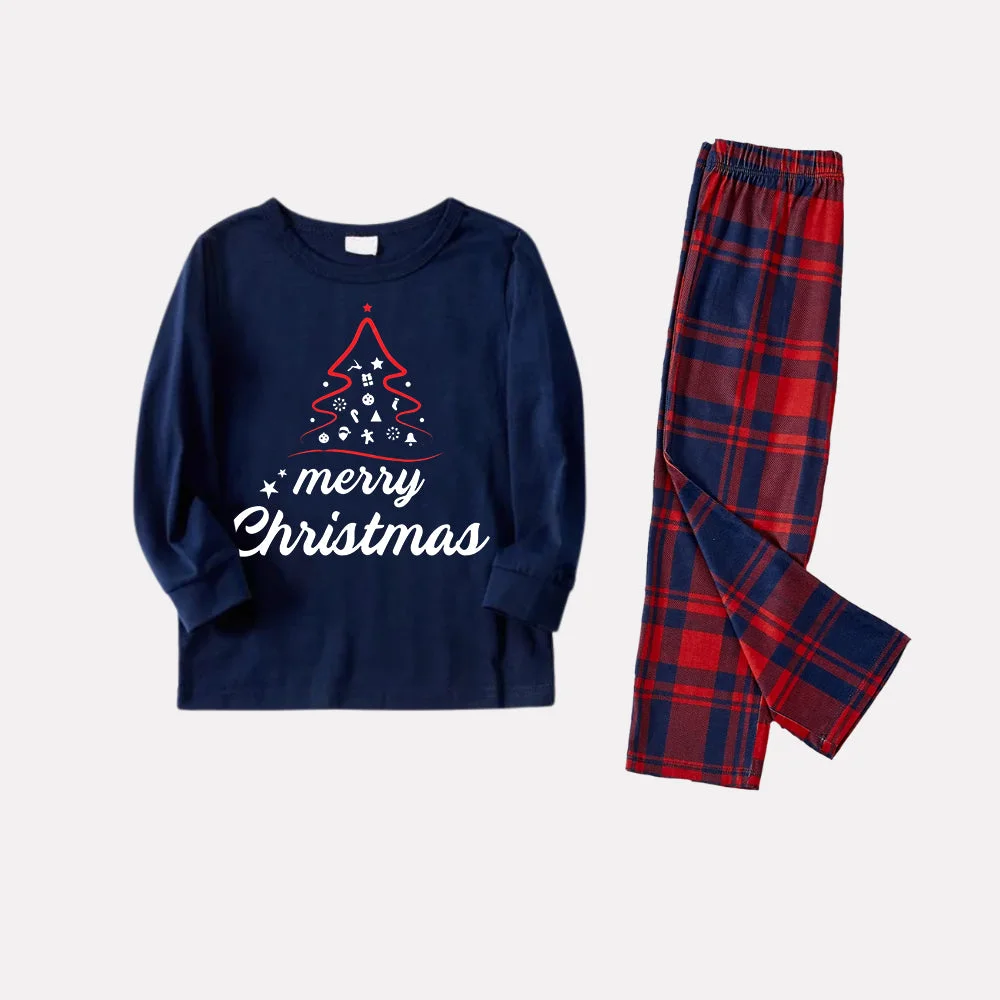 Red Christmas Tree Stick Figure - Blue Long Sleeve Top with Blue & Red Plaid Family Matching Pajamas