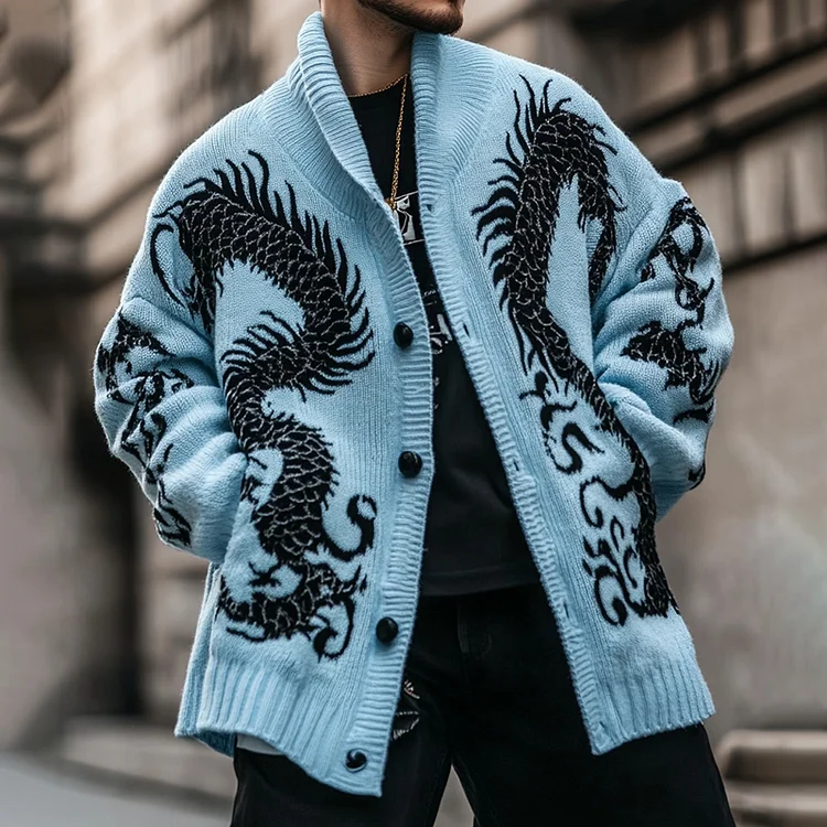 Utbros Men's Dragon Jacquard Lapel Button Down Cardigan