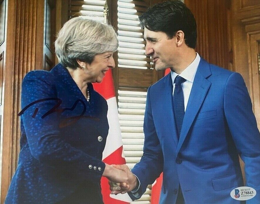 Theresa May signed autographed 8x10 Photo Poster painting Justin Trudeau Beckett COA