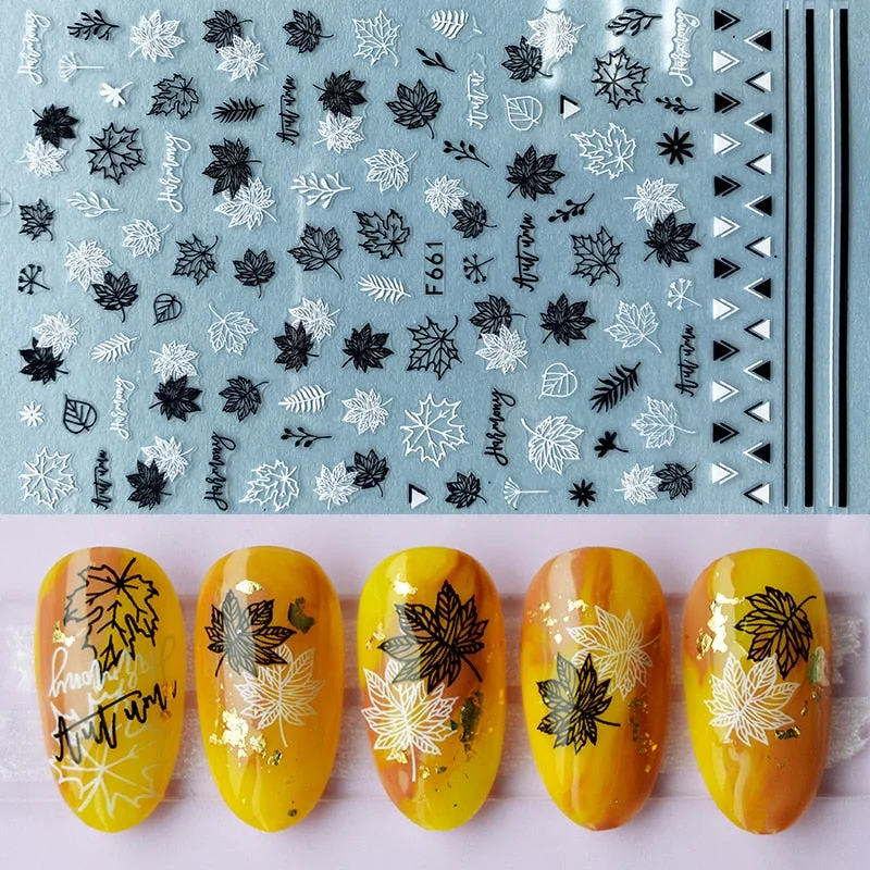 1pcs Black Gold Sping Leaves 3D Nail Sticker Coconut Tree Leaf Pattern Adhesive Transfer Decals Shiny DIY Nail Decoration