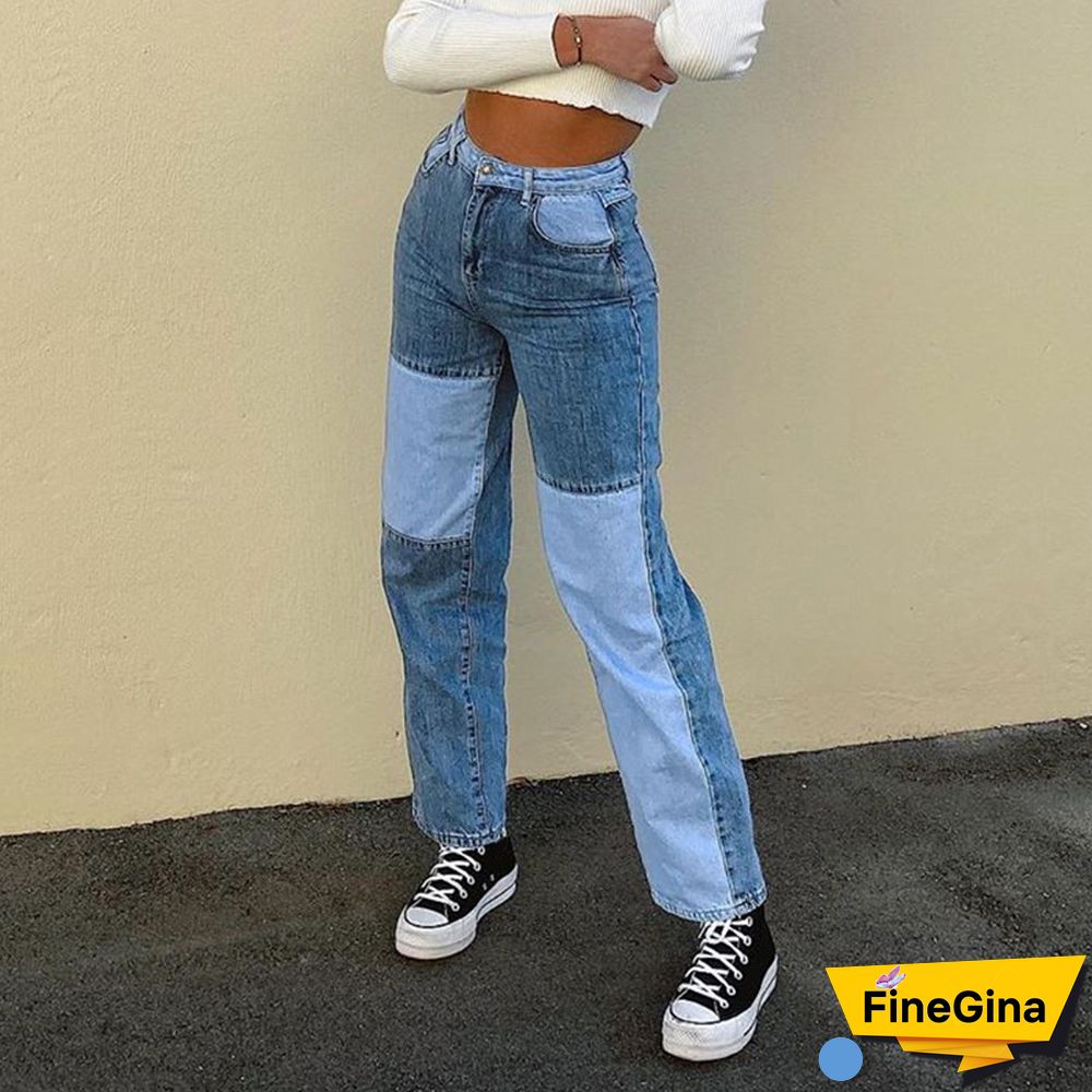 Paneled Contrast Straight-Leg Jeans