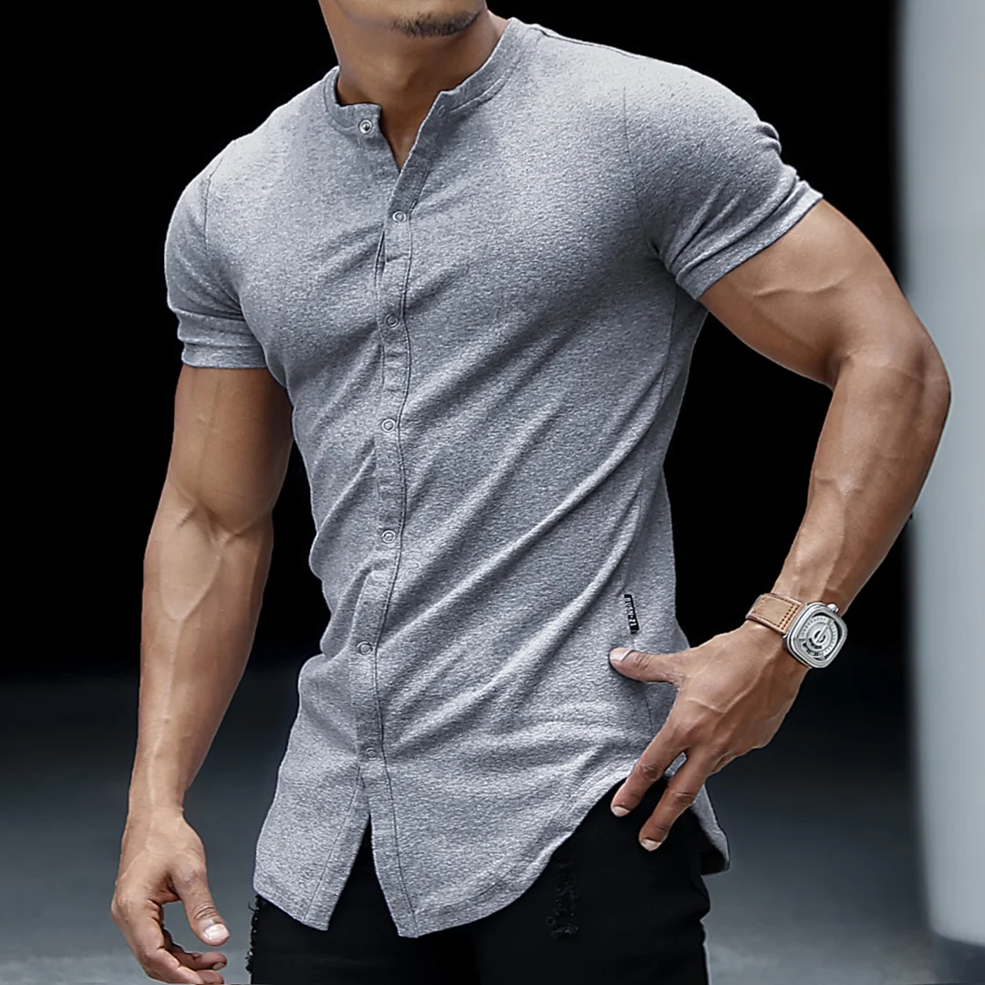 Men's Casual Slim Solid Color Short Sleeve Shirt Outdoor Fitness Sports Running Pure Cotton Stand Collar Cardigan、、URBENIE