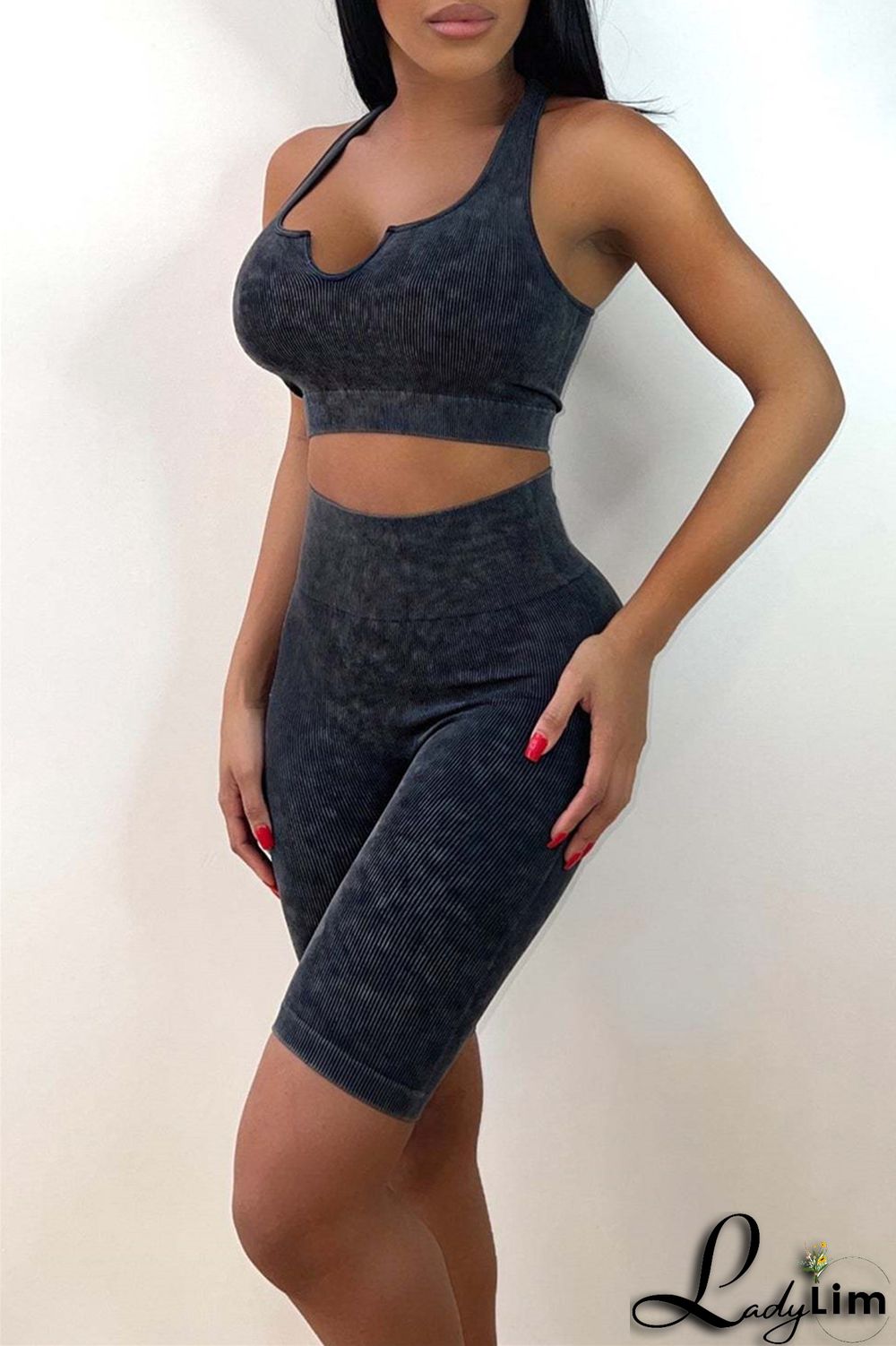 Deep Blue Casual Sportswear Print Backless U Neck Sleeveless Two Pieces
