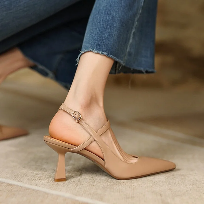 Vstacam  2022 Summer/Spring Women Shoes Pointed Toe Thin Heel Sandals Solid High Heels Elegant Cow Leather Shoes for Women Party Shoes