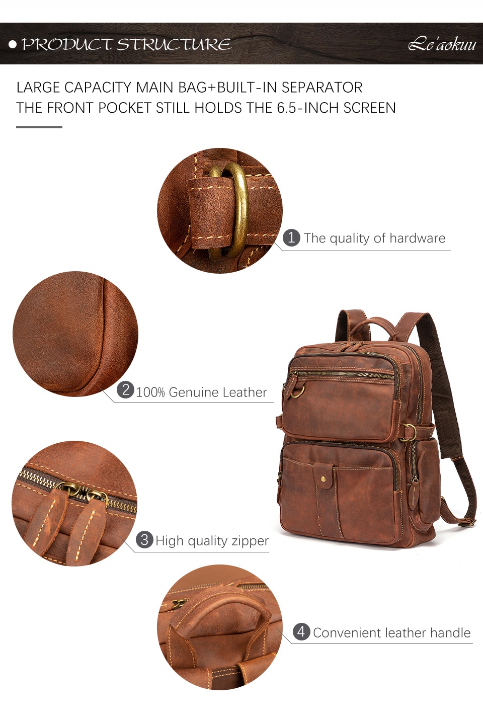 Details of Woosir Full Genuine Leather Daypack Collage Bookbag
