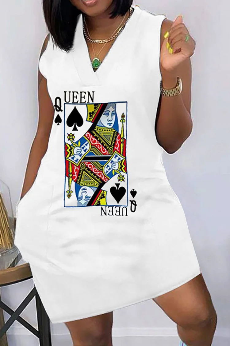 Xpluswear Plus Size White Daily V-neck Poker Print Mini Dress 