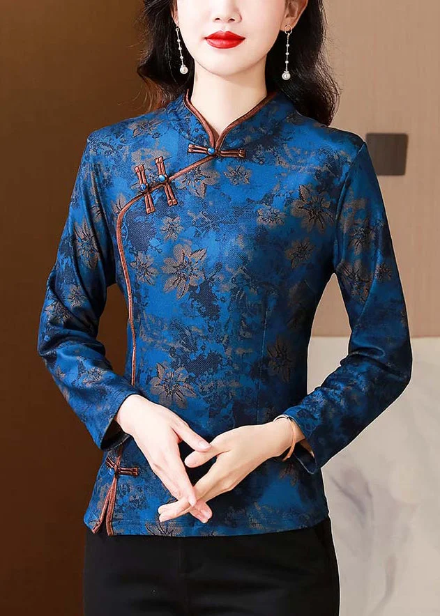 Retro Blue Stand Collar Print Chinese Button Warm Fleece Shirt Top