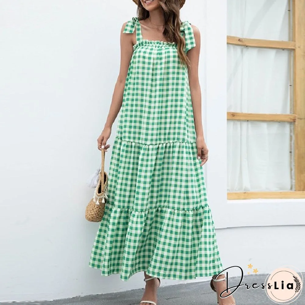 Elegant Fashion Check Sleeveless Sling Dress Women Summer Dress NEW Lace-up Ruffle Slash Neck Swing With A-line Long Dress