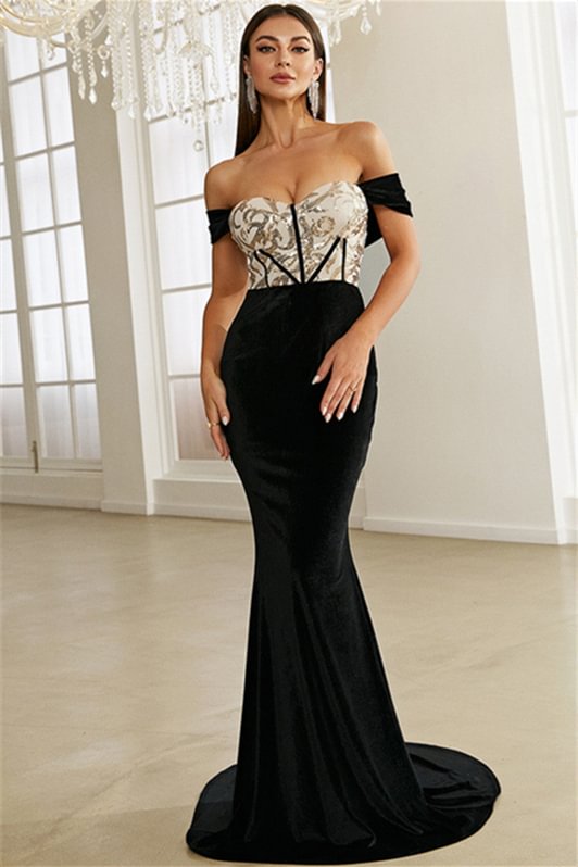 Luluslly Off-the-Shoulder Black Evening Dress Mermaid Long YE0157