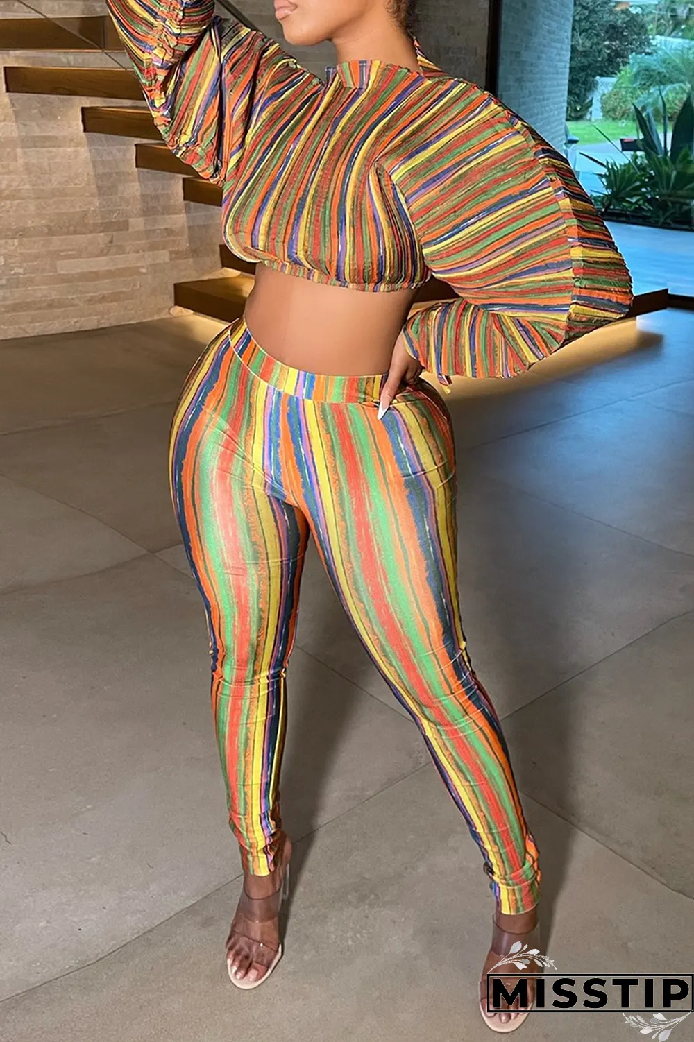 Lake Blue Sexy Striped Patchwork Half A Turtleneck Long Sleeve Two Pieces