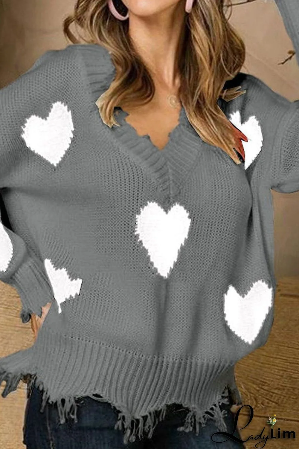 V-Neck Distressed Hearts Casual Sweater