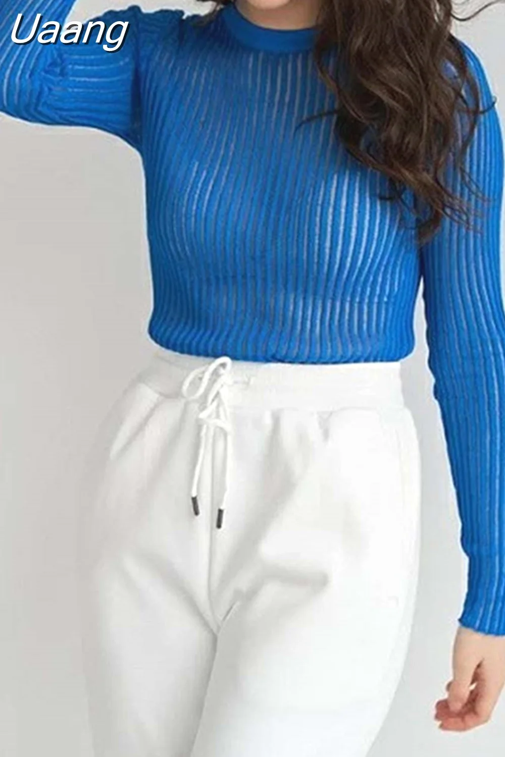 Uaang Sexy Thin Knit Sweater Women Solid Color Basic Pullover Top Casual Cozy Long Sleeve T-shirts 2023 Spring Summer New