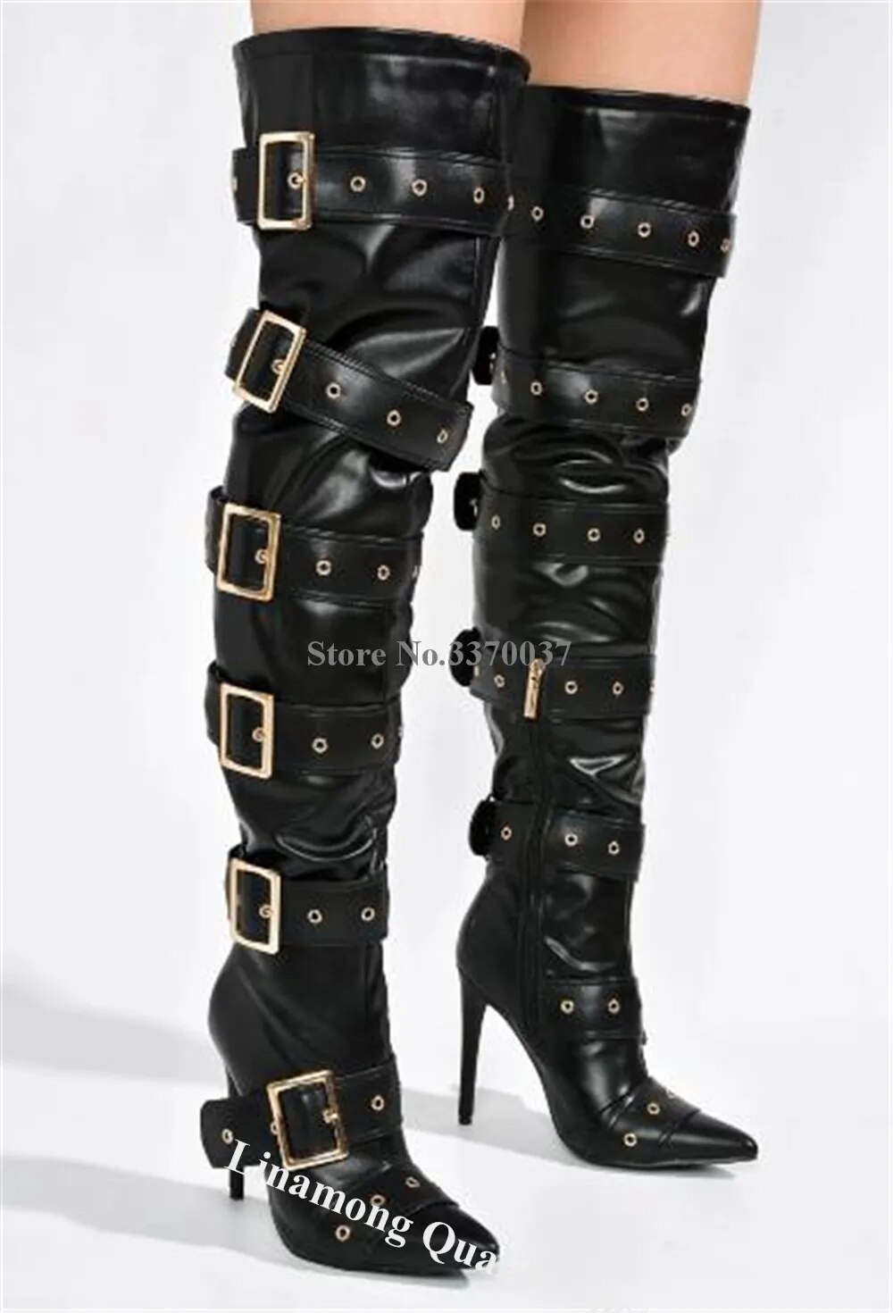 VCSHOES Blue Denim Big Buckles Belts Thin Heel Over Knee Boots Pointed Toe Straps Stiletto Heel Long Boots Big Size Heels