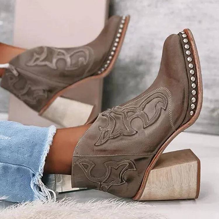 Embroidered Thick Heel Sewing Rivets Ankle Boots