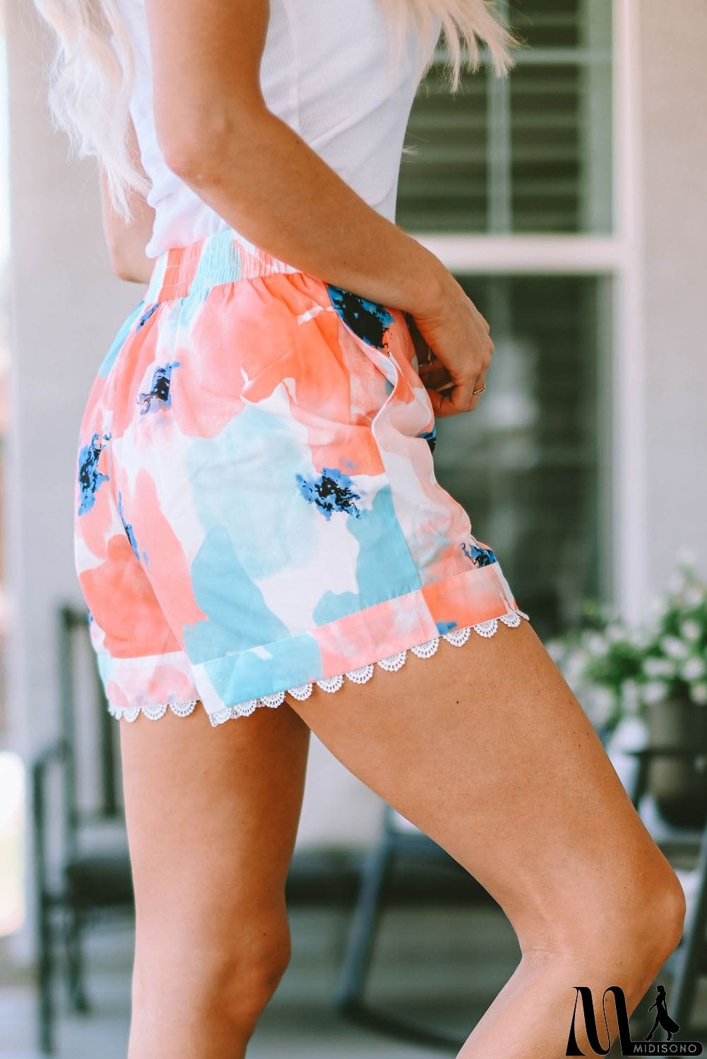 MidiSono - Printed Lace Trim Shorts with Pockets