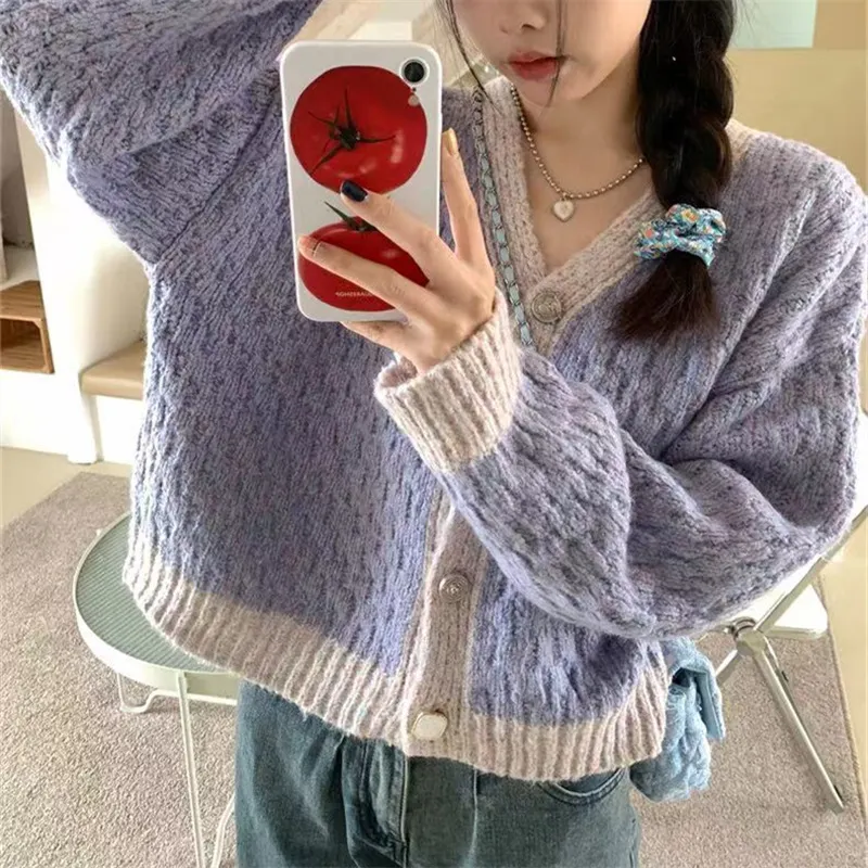Churchf Churchf Version Of Knit Sweater Loose Lazy Wind Fashion Coat Reduced Age Mud Taro Purple Long Sleeve V-Neck Knit Sweater Cardigan Female
