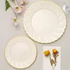 10 Pack | 7.5" Ivory / Gold Flair Rim Plastic Dessert Appetizer Plates, Round Disposable Salad Plates
