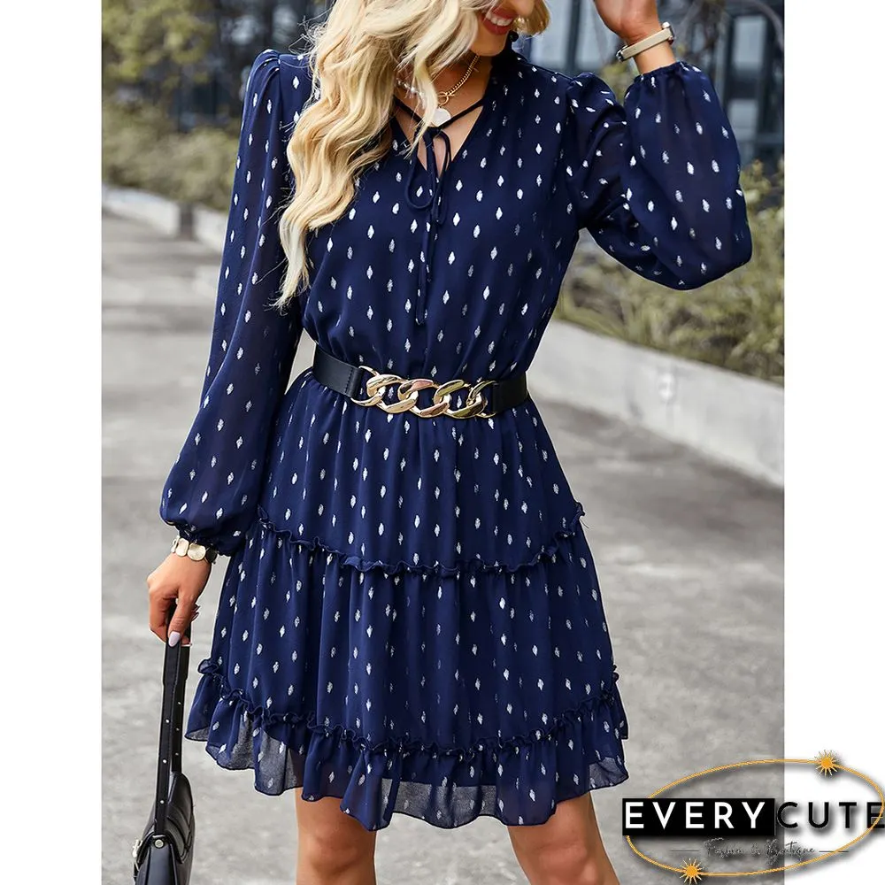 Navy Blue Lace-up Ruffle Detail V Neck Casual Dress