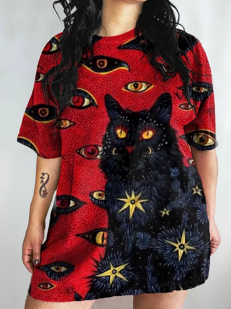 Women's Black Cat Art Print Crew Neck Causl Shirt