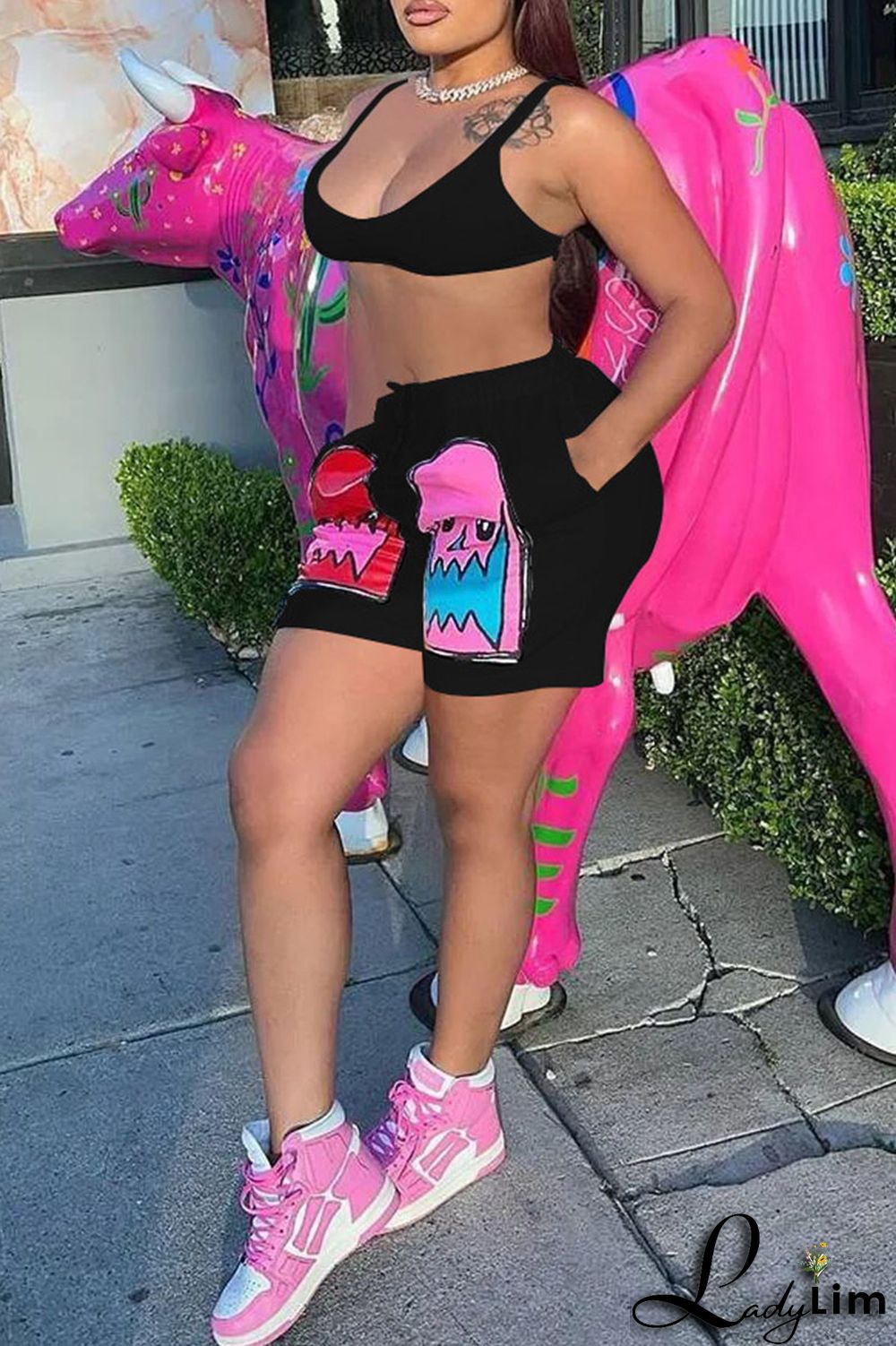 Pink Casual Print Patchwork Spaghetti Strap Sleeveless Two Pieces