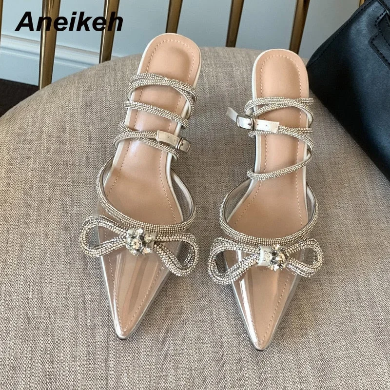 Aneikeh Spring 2021 Sapatos Das Mulheres Pumps Stiletto Heel Slingbacks Pointed Toe Polka Dot Butterfly-Knot Apricot Size 35-39