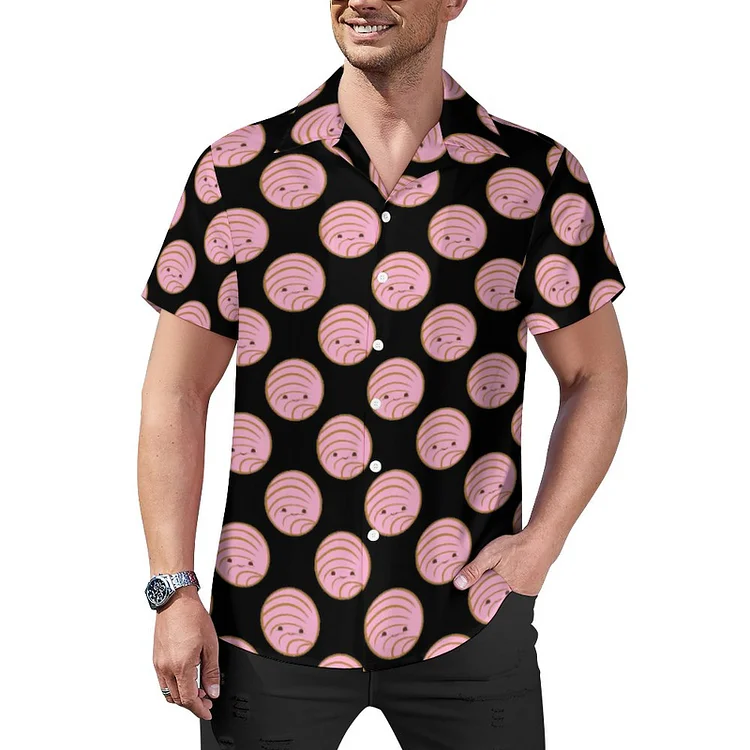Pink Concha Pan Dulce Mexican Sweet Bread Men's Retro Bowling Shirts Rockabilly Style Button Down Cuban Camp Shirt - Heather Prints Shirts