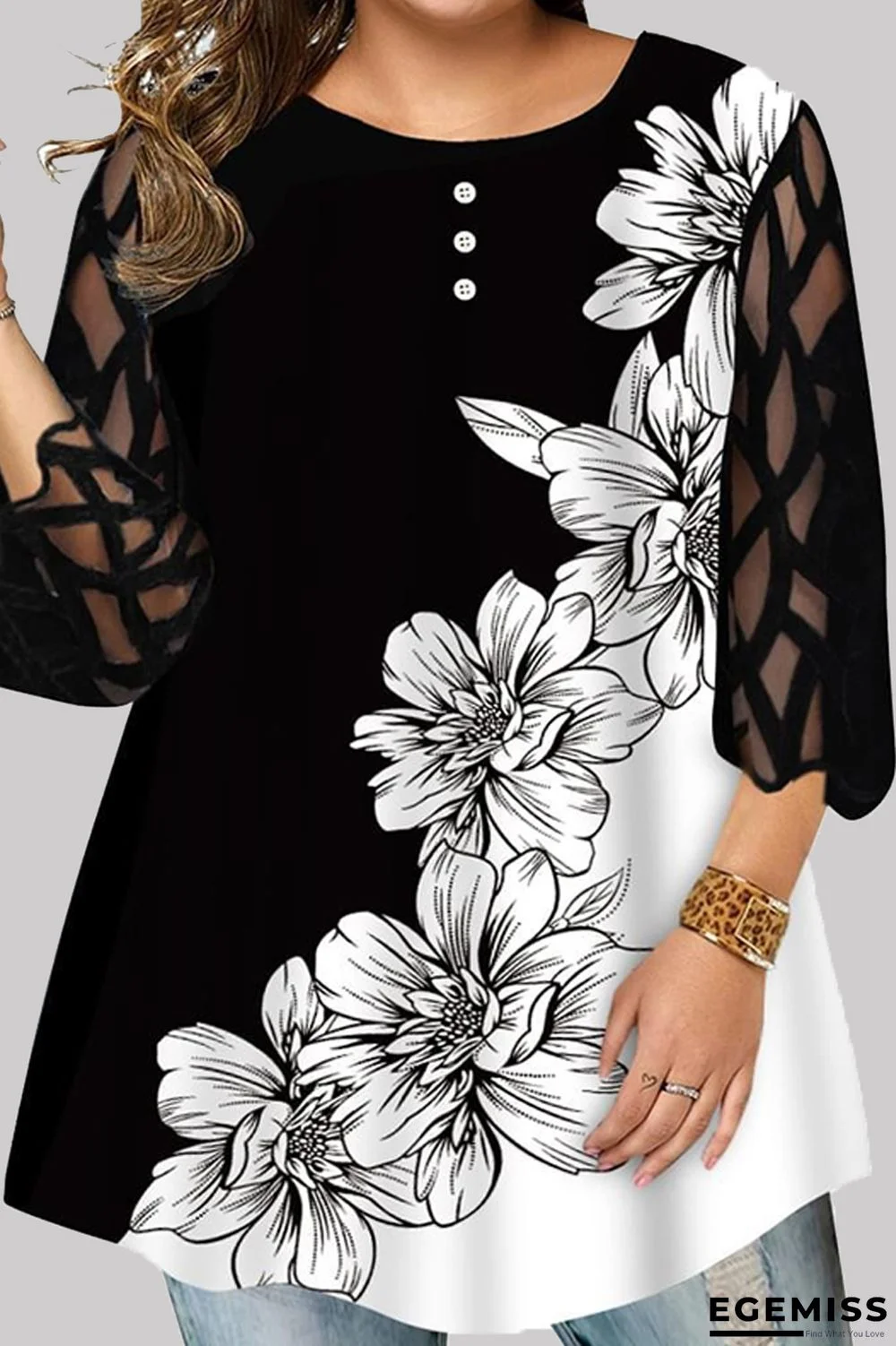 Black Casual Print Patchwork O Neck Plus Size Tops | EGEMISS