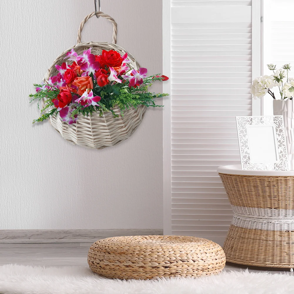 Wall Mount Wicker Flower Pot Hanging Woven Rattan Vase Basket Decor (Gray)