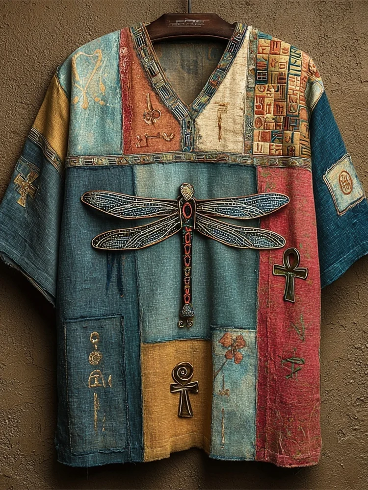 Egyptian Elements & Dragonfly Embroidery Women's Linen V-neck Shirt