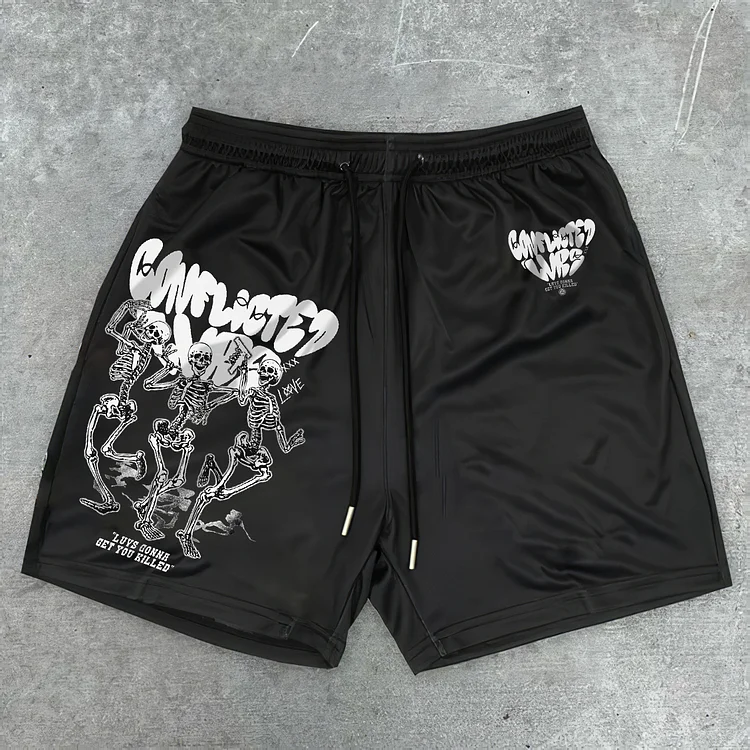 Sopula Conflicted Skelly Heart Skull Mesh Shorts