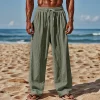 Men's Linen Plain Comfort Breathable Full Length Casual Pants by Inlyline