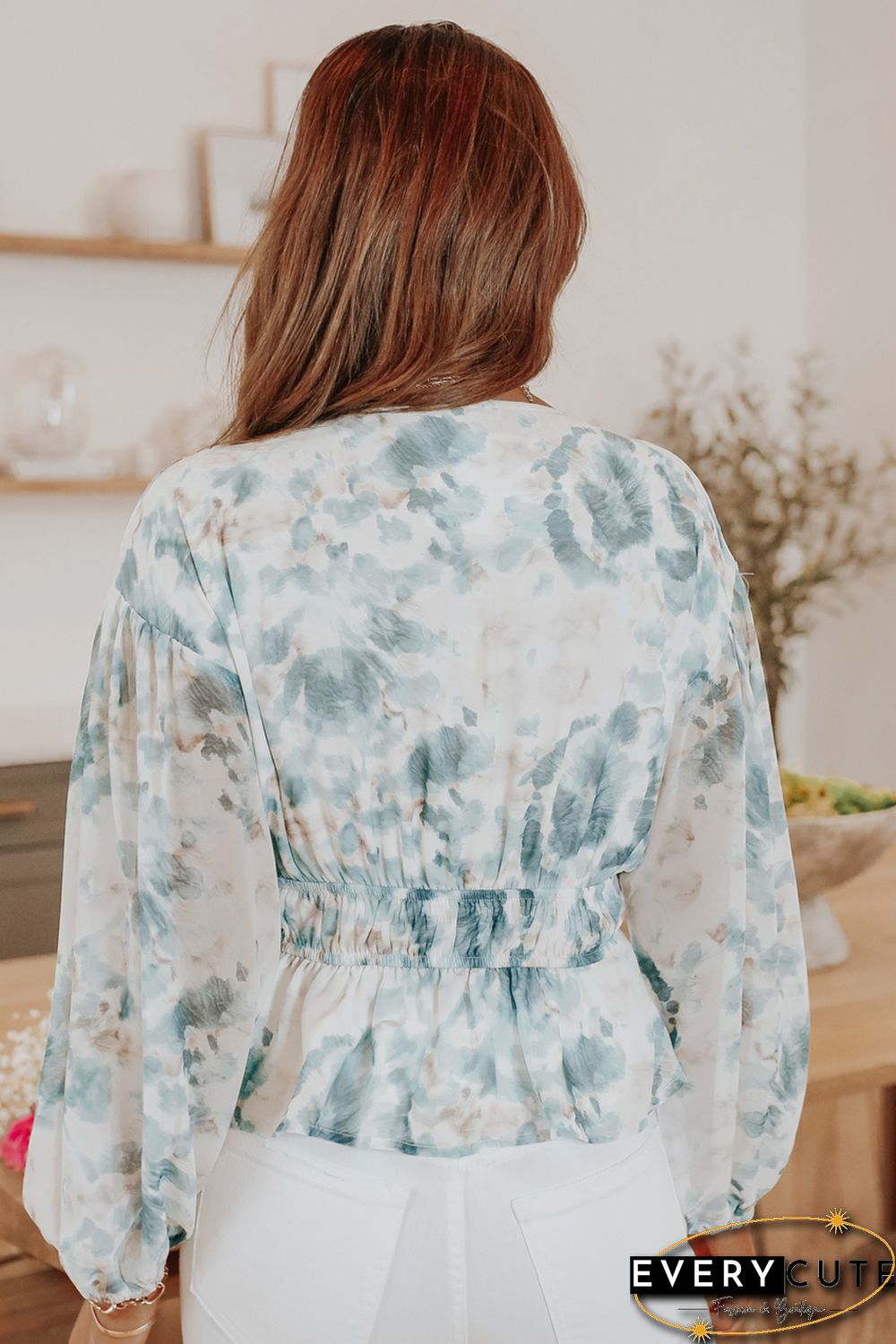 Sky Blue V Neck Tie-dye Peplum Top