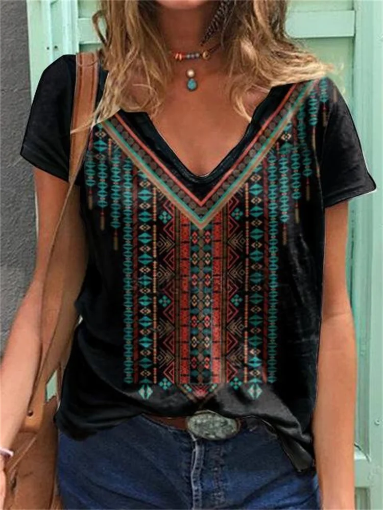 Ethnic Aztec Graphic V Neck T Shirt