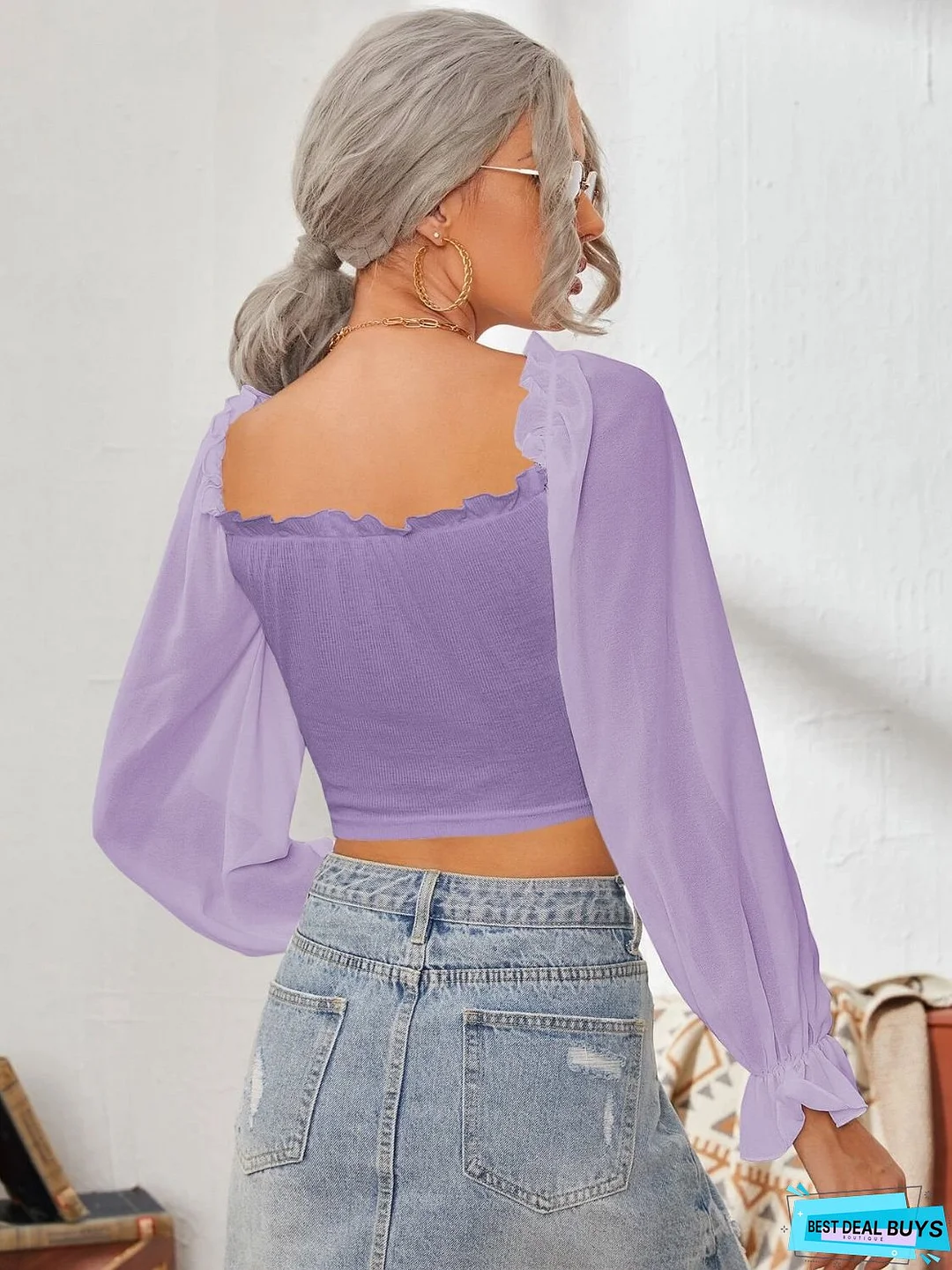 Mesh Sweetheart Neck Flounce Sleeve Top