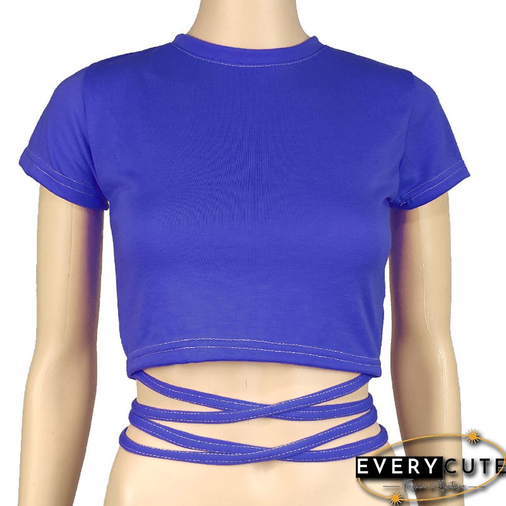 New O Neck Solid Tshirt Women Summer Cross Bandage Tee Sexy Short Sleeve Camisole Casual Tank Top Fashion Female Crop Tops Shirt