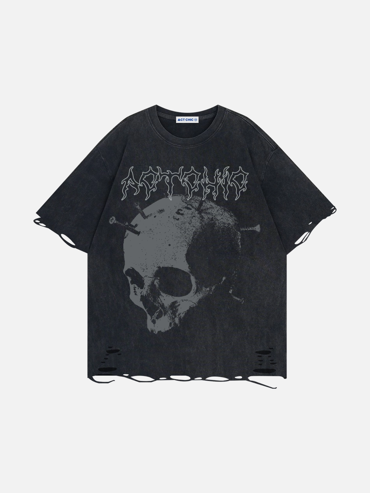 Black Act Chic Dark Skull Print Distressed Tee Front