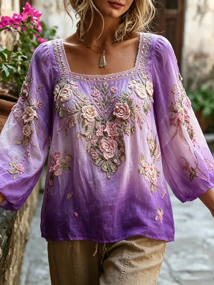 🌸 Women's Ombre Floral Embroidered Boho Blouse