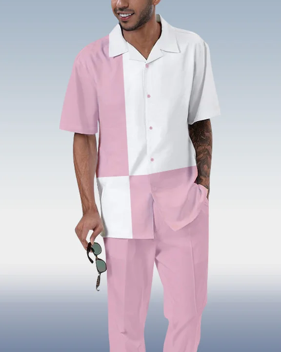 Suitmens Men's Colorblock Print Short Sleeve Shirt Walking Set 369
