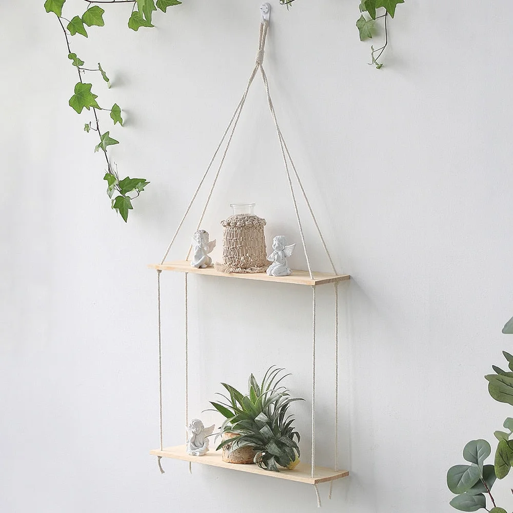 Hanging Shelves Wall Macrame Rope Wood, Swing Triangle Floating Shelf, Modern Boho Decor, Plant, Living Room, Bedroom