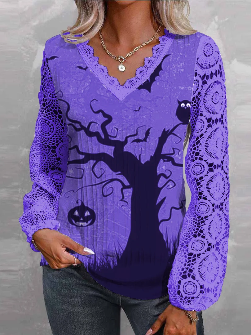 Women Long Sleeve V-neck Printed Graphic Halloween Lace Tops