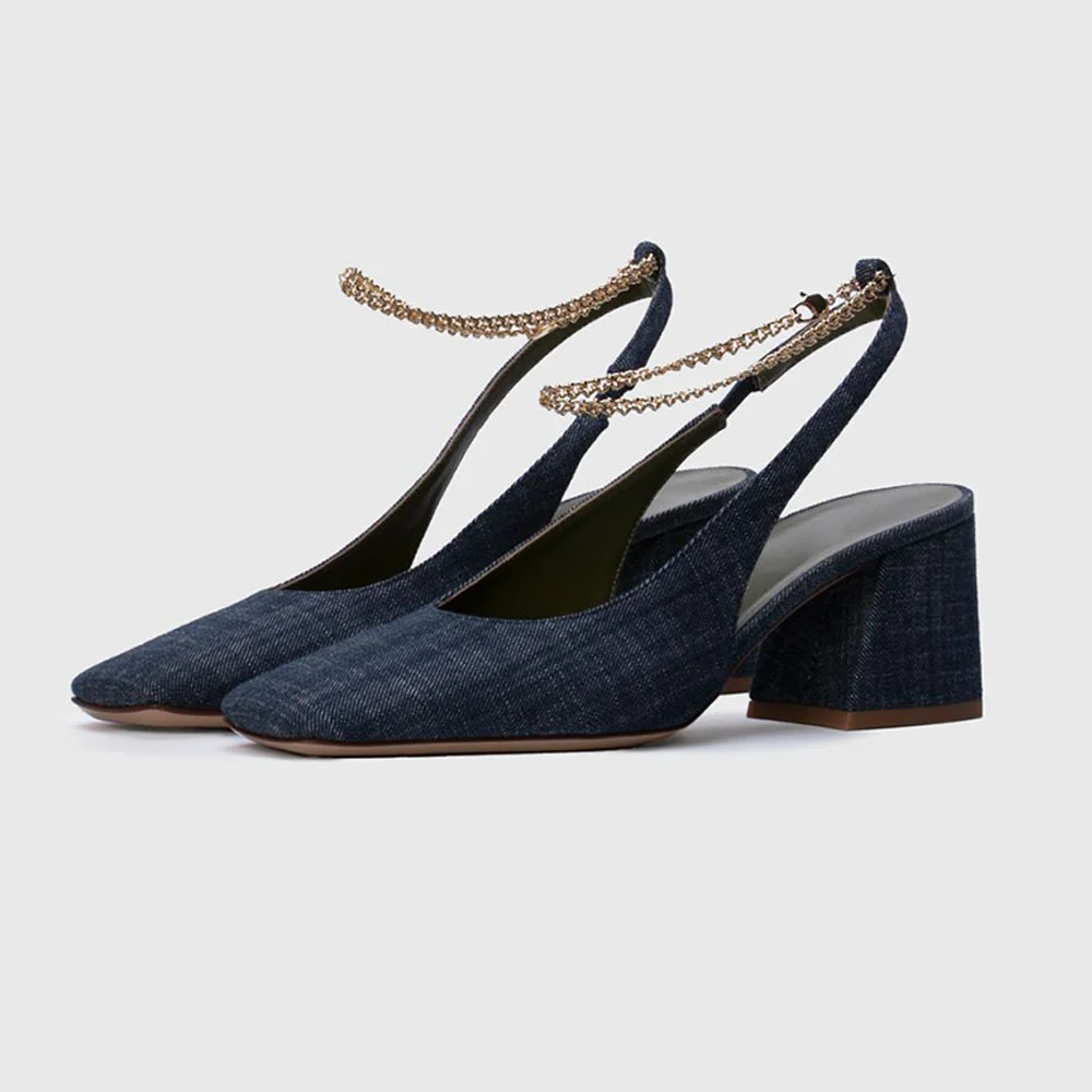 Chic Blue Denim Square Toe Chain Chunky Heel Slingback Shoes