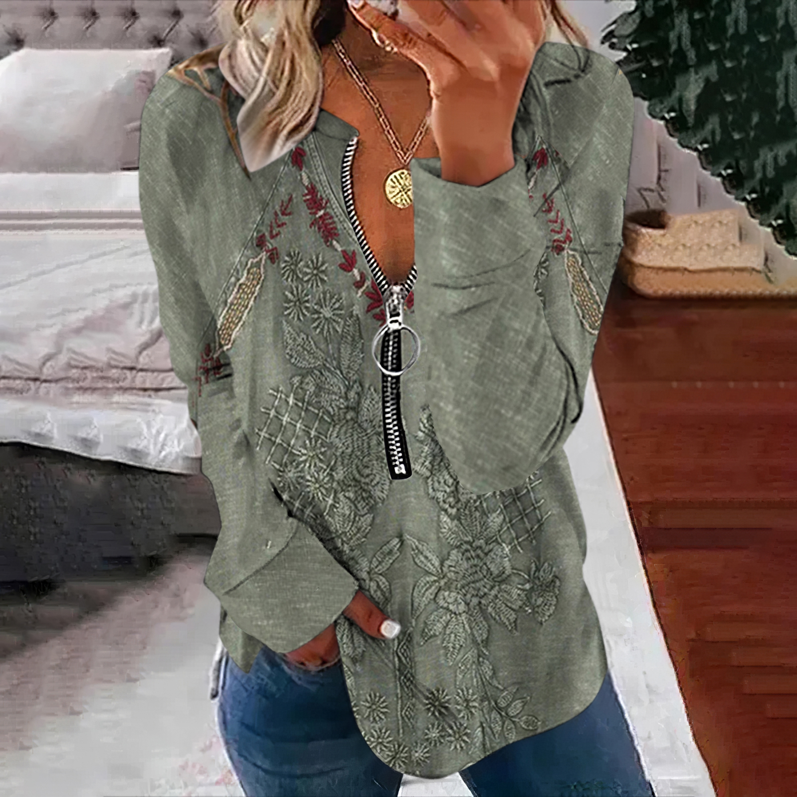 Comstylish Women's Western Printed Zipper Casual Sweatshirt