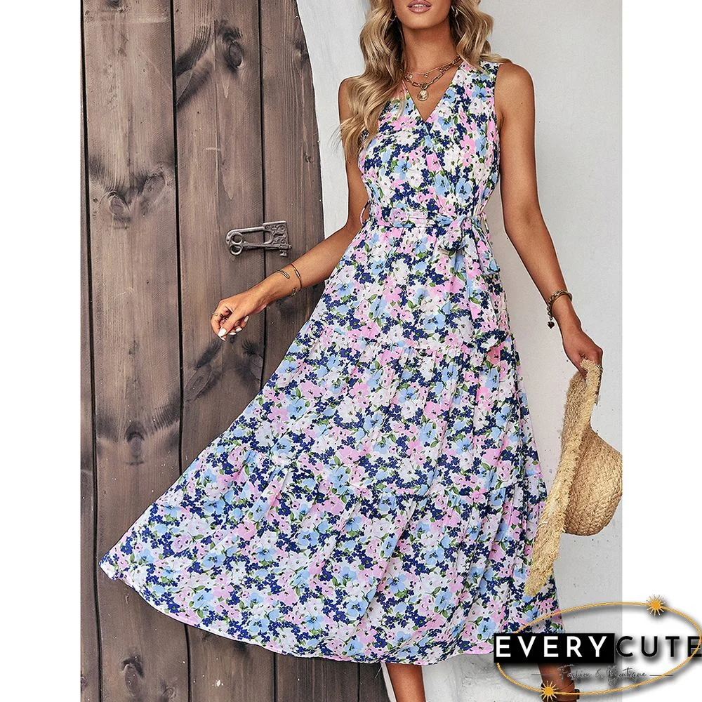 Pink V Neck Sleeveless Ruffle Floral Dresses