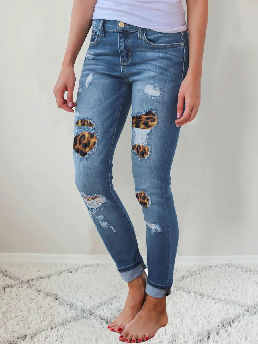 Ripped Leopard Patch Pocket High Waist Skinny Jeans