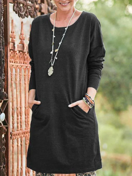 Long Sleeve Plain Pockets Casual Fall Dresses