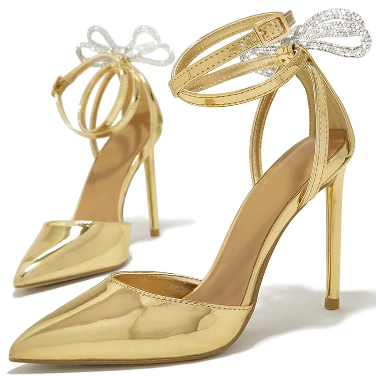 Gold Pointed Wrapped Pump Elegant Stiletto Buckle Heel Wedding Patent Shoes |FSJ Shoes