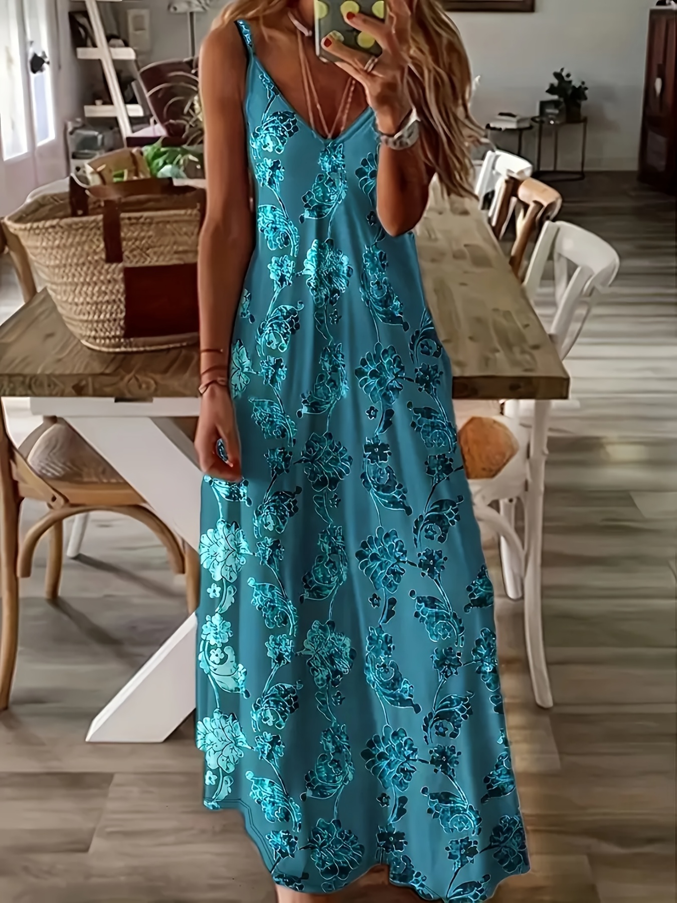 Women's Light Blue Floral Print Sleeveless Maxi Dress - V-Neck, A-Line ...