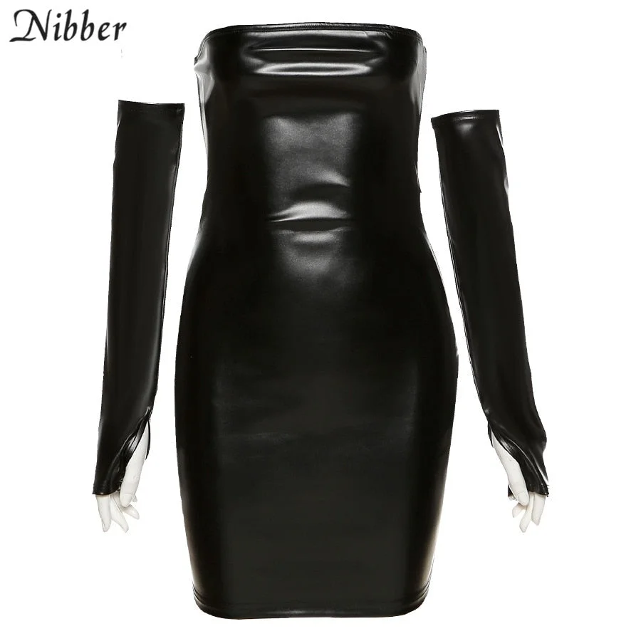 Nibber Y2K Leather With Gloves Party Dress Women's Backless Sexy Low Cut Clubwear Skinny 2021 Black Bodycon Mini Dresses Female