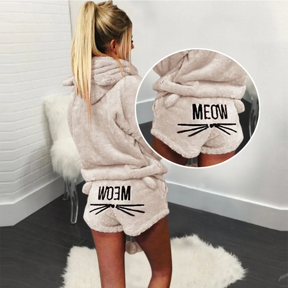 Fleece Fuzzy Hooded Sweatshirt with Ears Suit Women Letter Printed Coral Velvet Pajama Two Piece Set Cat Print Home Sleepwear